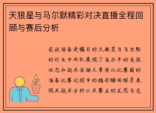 天狼星与马尔默精彩对决直播全程回顾与赛后分析